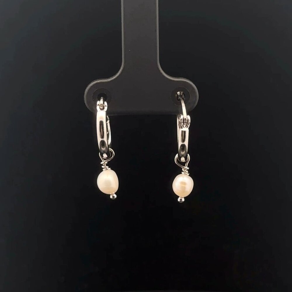 925 Sterling Silver Hoop Earrings Freshwater Pearl - Picture 4 of 4